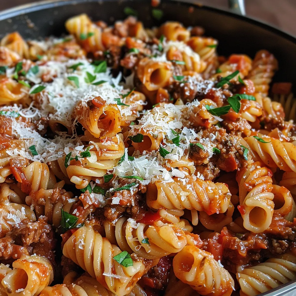 Side view of a hearty one pot creamy tomato pasta with ground beef.