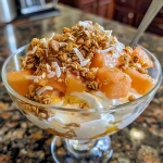 A close-up view of a vibrant Papaya Greek Yogurt Parfait in a glass.