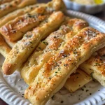 Close-up view of golden-brown Parmesan breadsticks on a wooden board.