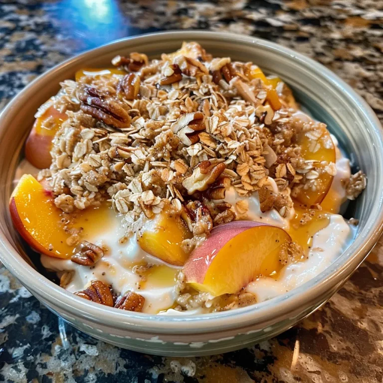 Delight in Every Bite Your Guide to Peach Crisp Yogurt Bowls A close-up view of Peach Crisp Yogurt Bowls with peaches and oats.