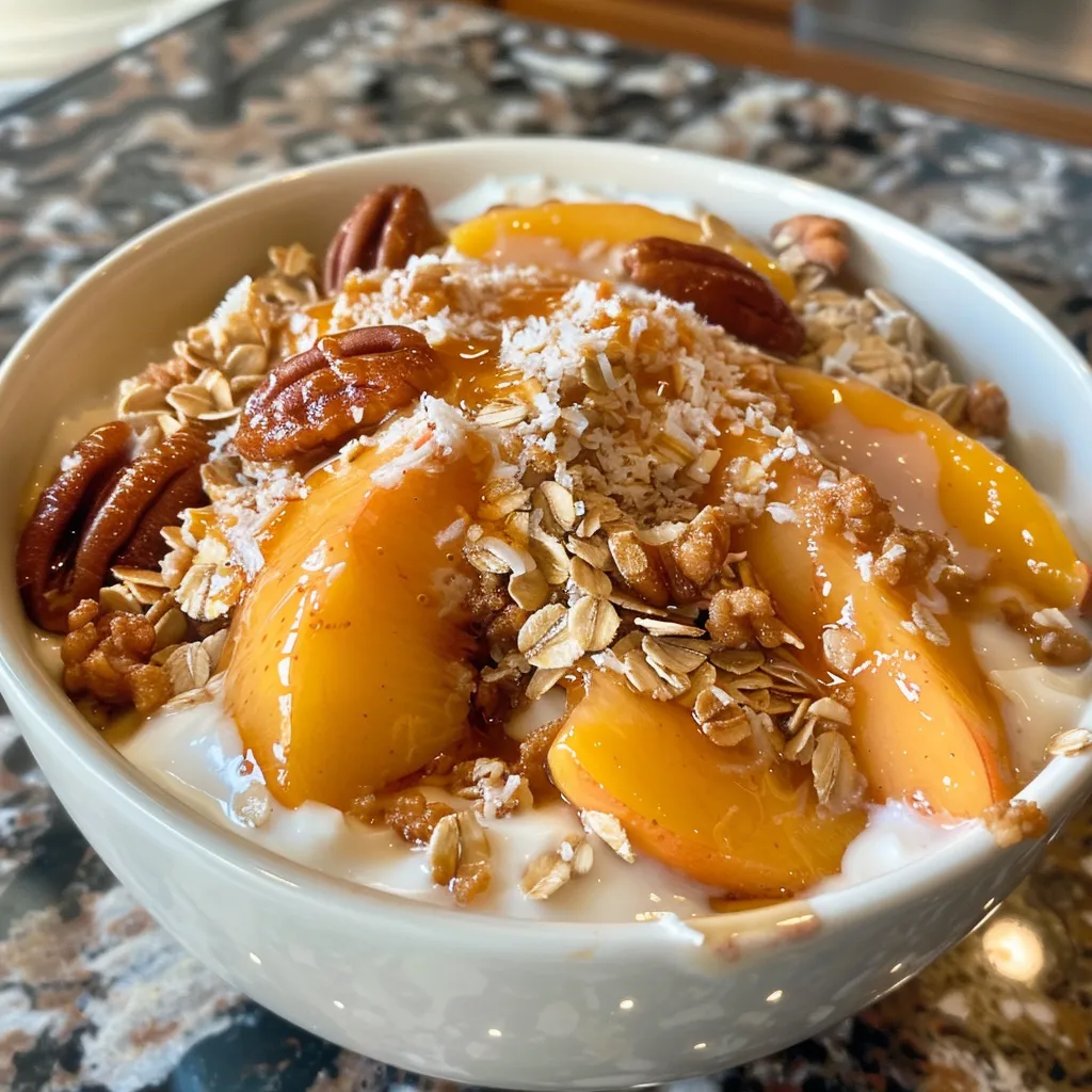 Side view of a colorful Peach Crisp Yogurt Bowl topped with peaches and nuts.