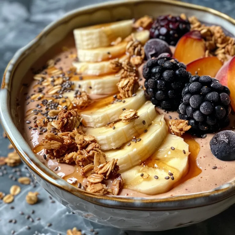 Close-up view of a vibrant peach smoothie bowl topped with blackberries and granola.