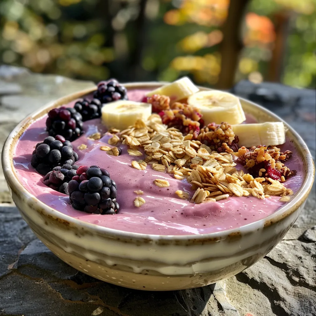 Side view of a creamy peach smoothie bowl adorned with fresh fruit and chia seeds.