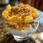 A close-up side view of a peach yogurt parfait with fresh peach slices and granola.