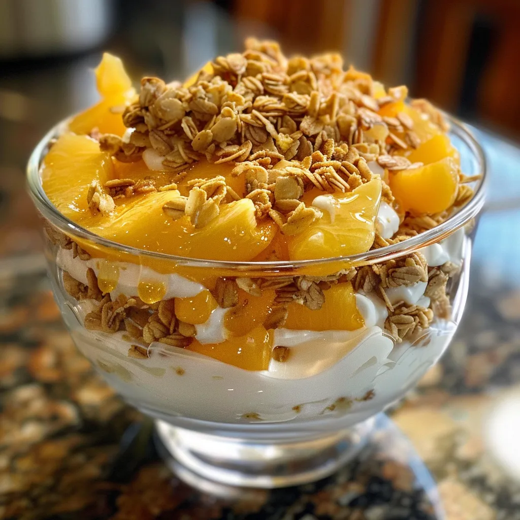 A close-up side view of a peach yogurt parfait with fresh peach slices and granola.