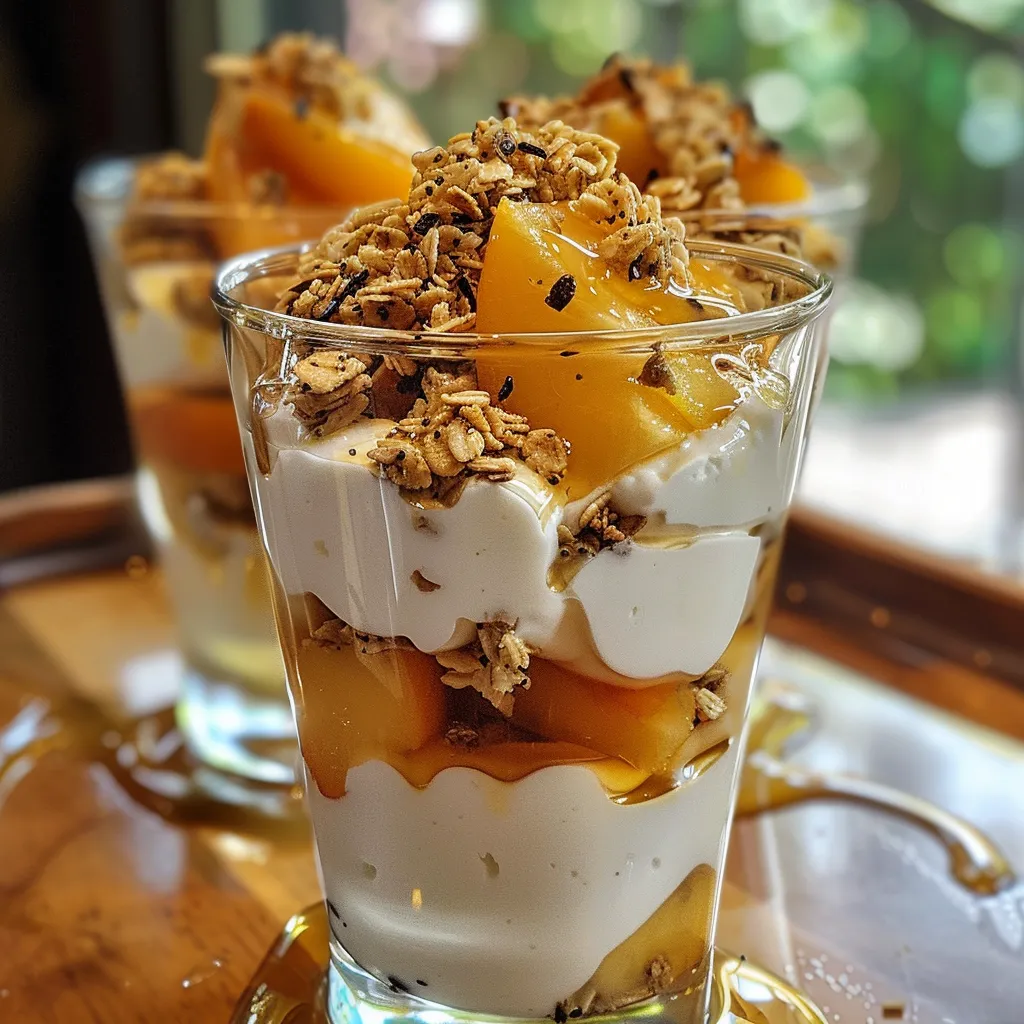 A vibrant peach yogurt parfait in a glass, featuring Greek yogurt, sliced peaches, and drizzled honey.