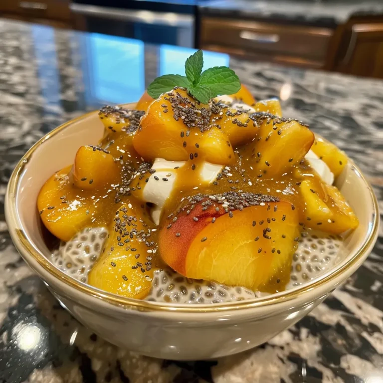 A Sweet Summer Dream Whip Up Peaches and Cream Chia Pudding Close-up view of a bowl of Peaches and Cream Chia Pudding with diced peaches on top.