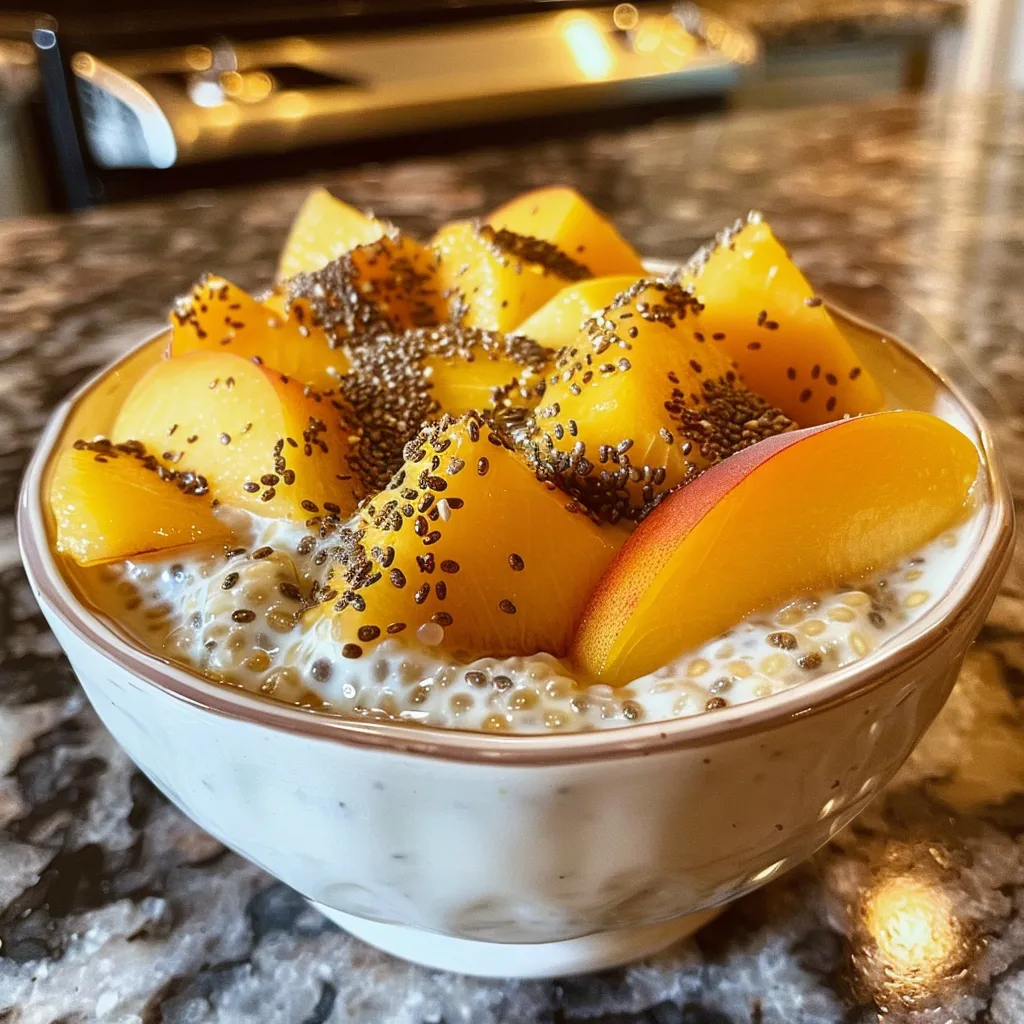 Side view of a creamy chia pudding layered with peaches, served in a clear glass.