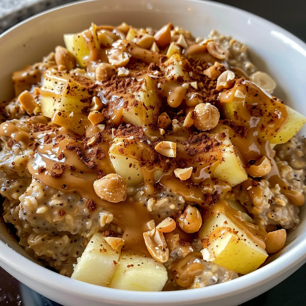 Side view of a nutritious breakfast bowl featuring peanut butter, oats, and apple slices.