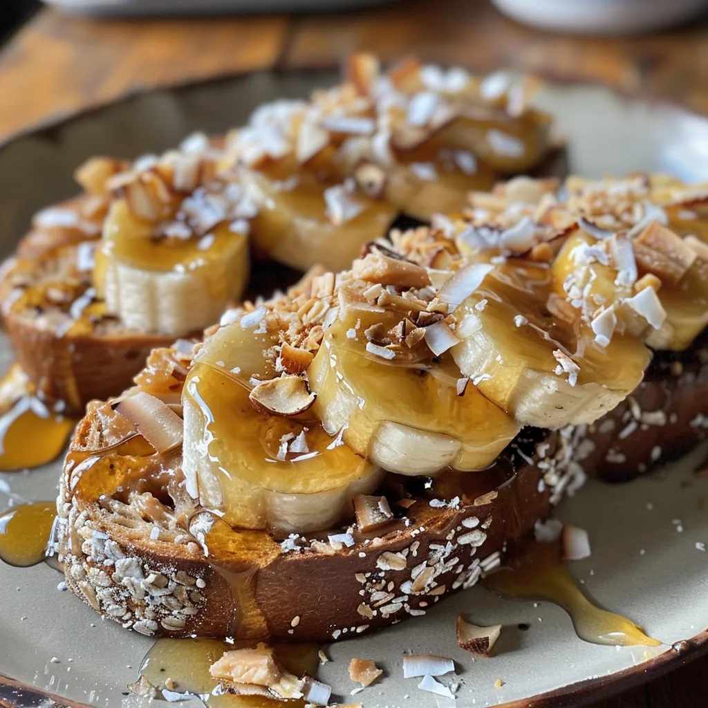 Close-up view of peanut butter banana toast with honey drizzled on top.