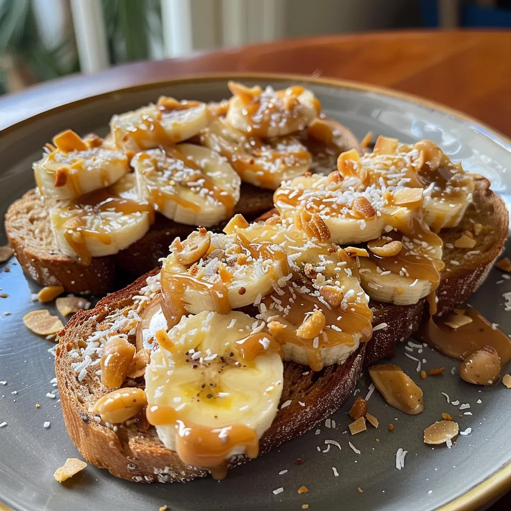 Side view of two pieces of bread topped with peanut butter, banana slices, and honey.