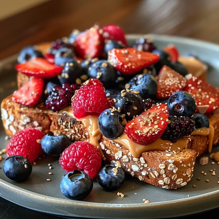 Wake Up Your Mornings with Peanut Butter Berry Toast Magic! Close-up view of two slices of toast topped with peanut butter and an assortment of fresh berries.