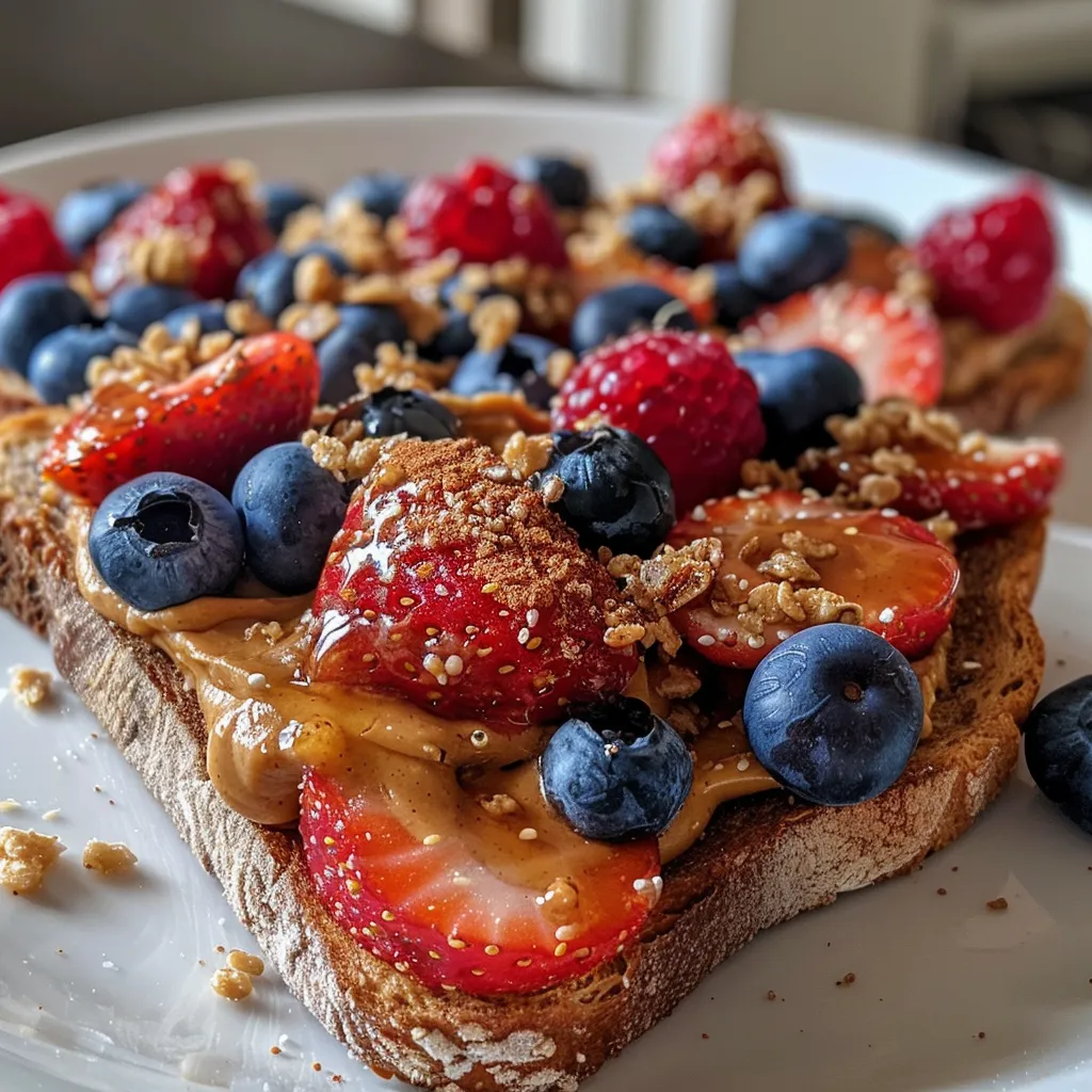 Side angle of peanut butter spread on toast, garnished with vibrant strawberries, blueberries, and raspberries.