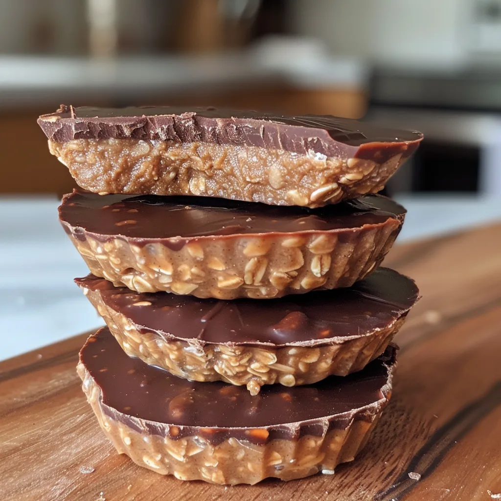 Side view of a stack of Peanut Butter Chocolate Oat Cups on a textured surface.