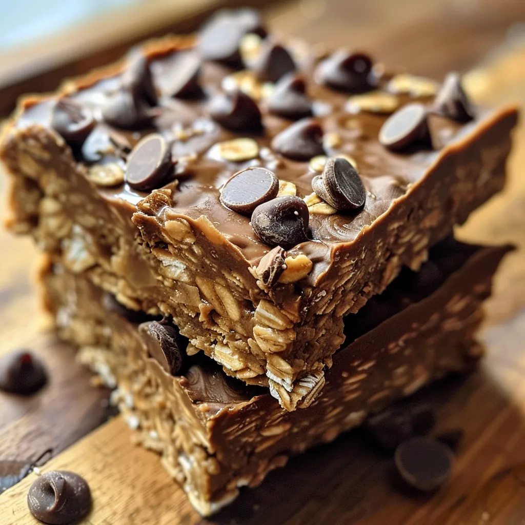 Juicy Protein Chocolate Oat Squares with chocolate chips visible, presented from the side.