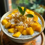 Close-up view of a bowl filled with Protein Mango Coconut Chia Pudding, showcasing layers of mango and coconut.