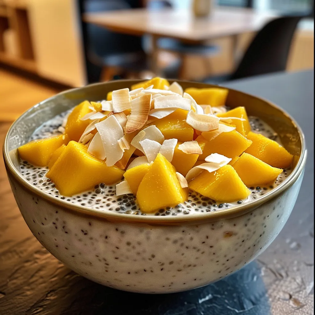 Side angle photo of a creamy chia pudding topped with fresh mango chunks and toasted coconut flakes.