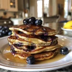 Close-up side view of fluffy blueberry lemon ricotta pancakes with fresh blueberries on top.