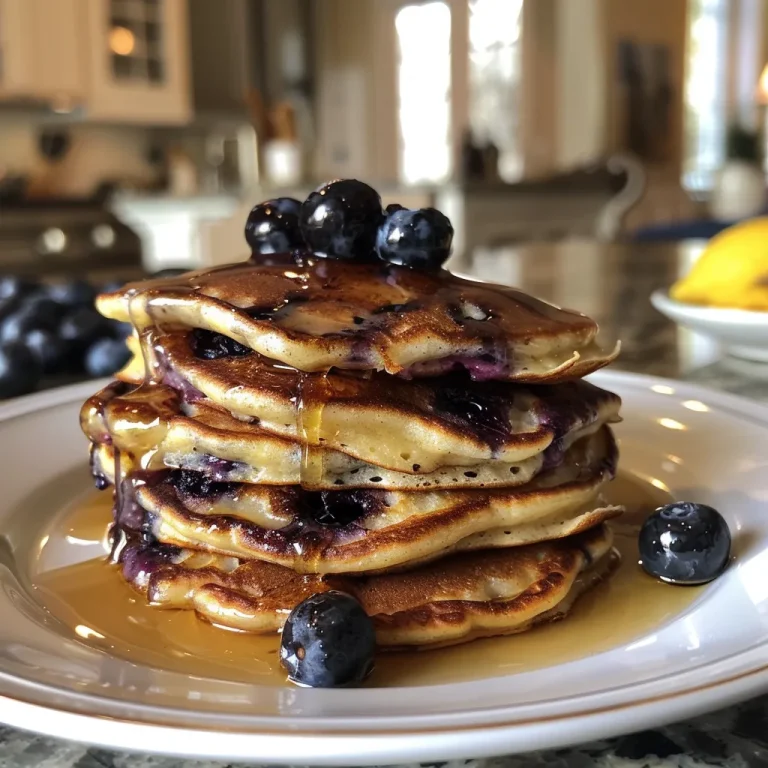 Elevate Your Breakfast Game with Protein-Packed Blueberry Lemon Ricotta Pancakes Close-up side view of fluffy blueberry lemon ricotta pancakes with fresh blueberries on top.