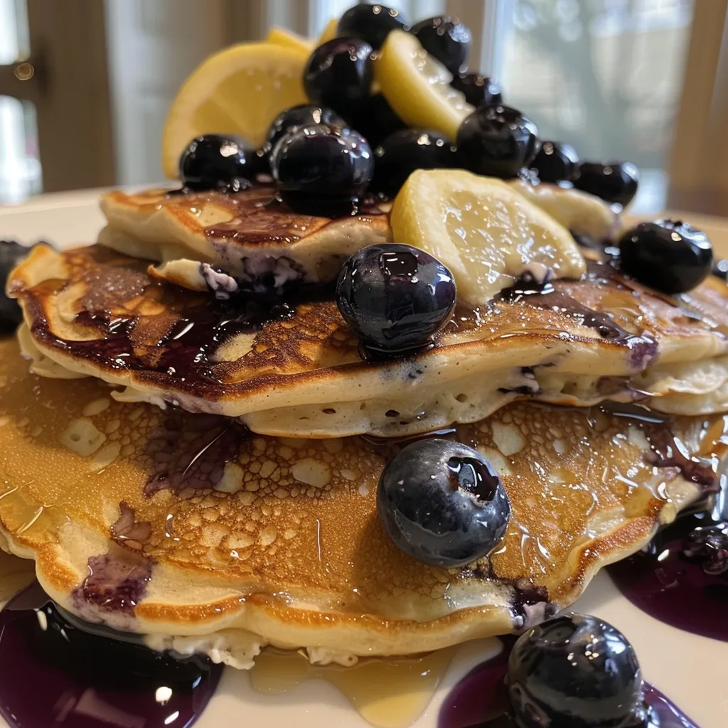 Juicy protein-packed pancakes stacked on a plate, featuring blueberries and lemon zest.