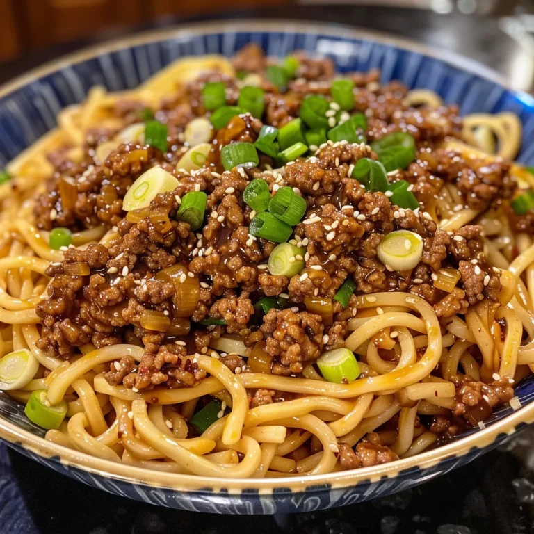 Embrace Easy Cooking Whip Up Honey Garlic Ground Beef Noodles Tonight! Close-up view of honey garlic ground beef noodles with scallions.