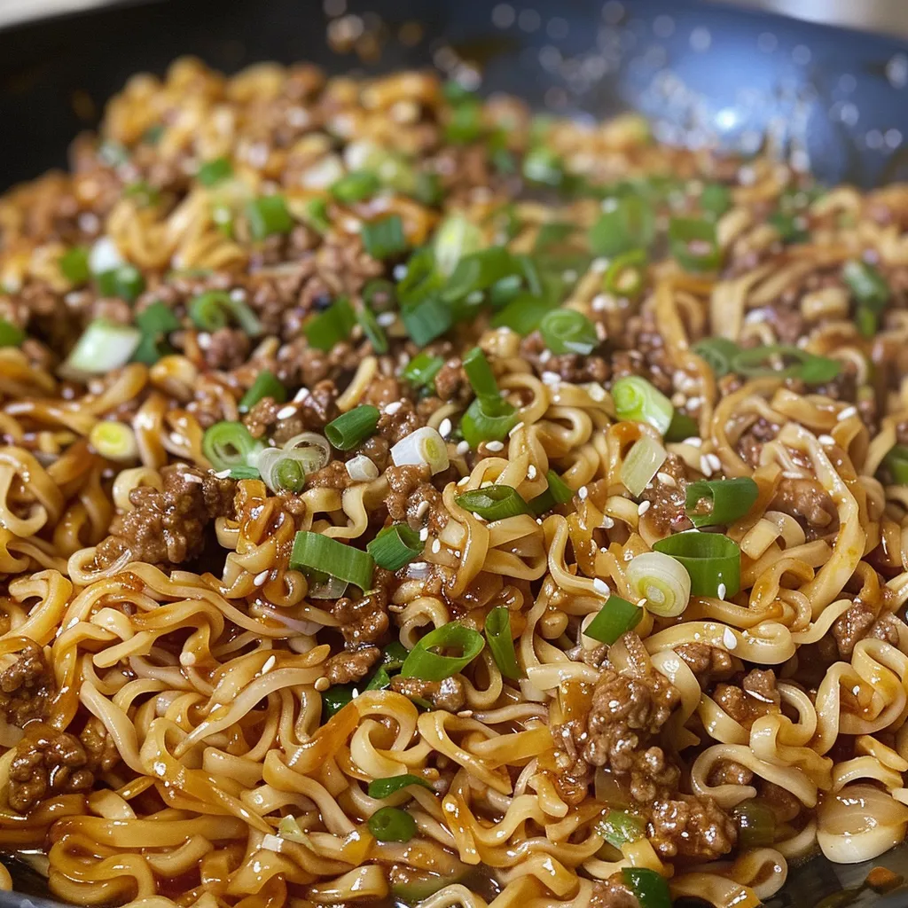 Juicy ground beef and egg noodles garnished with green onions.