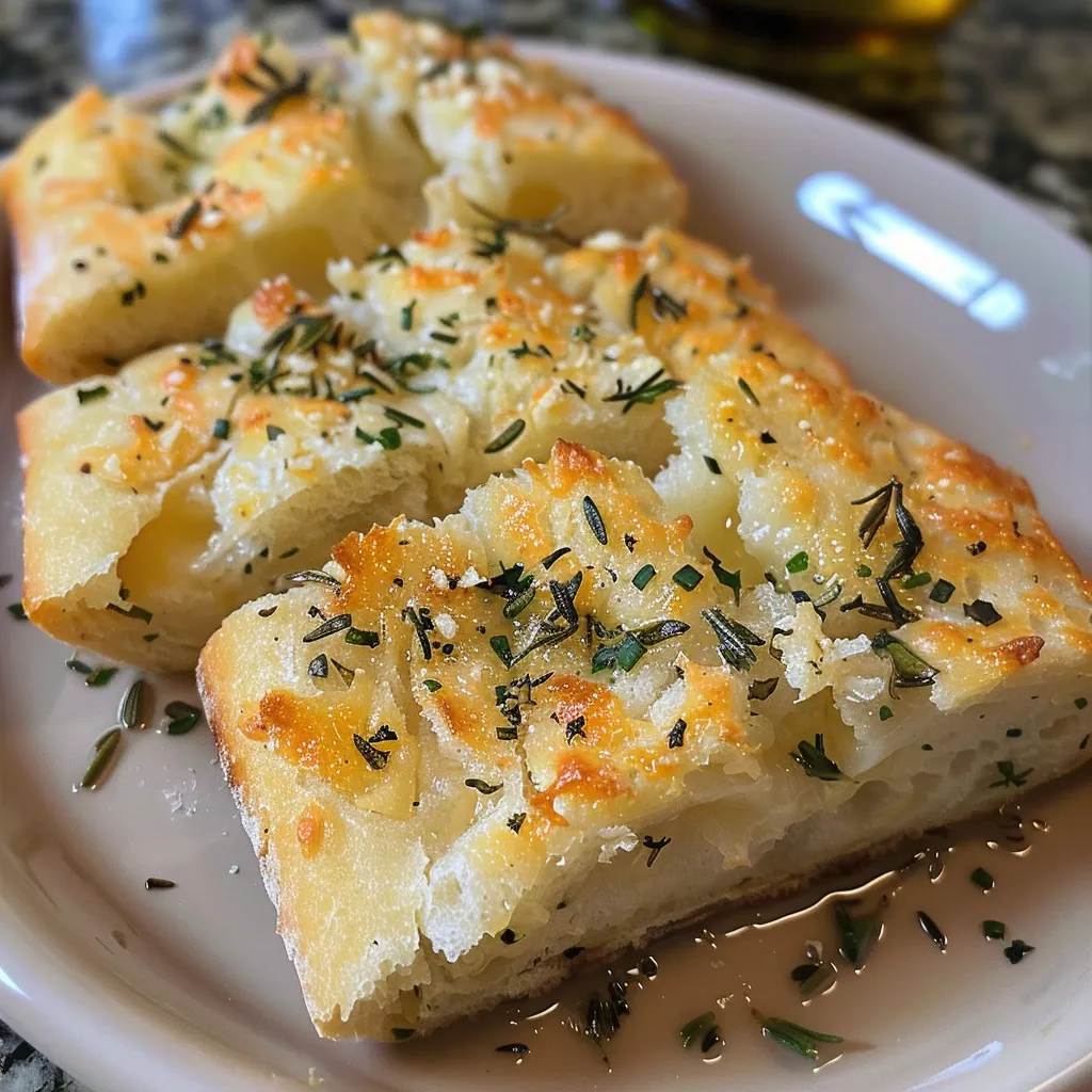 Side view of freshly baked Rosemary Garlic Bread, revealing its fluffy interior.