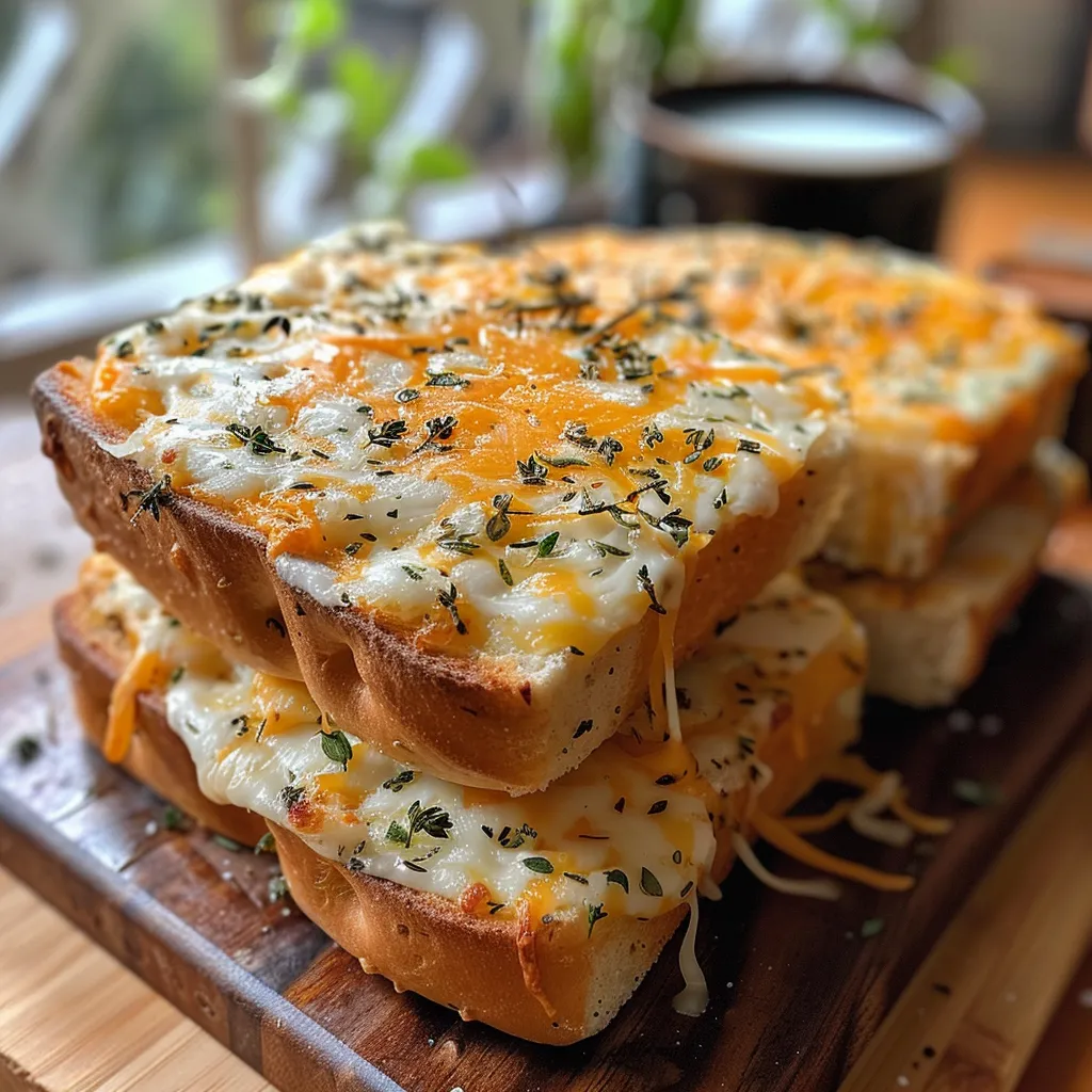 Juicy, golden-brown sandwich bread featuring melted cheddar cheese and herbs.