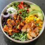 Close-up view of a Smoky Chicken Taco Bowl with vibrant ingredients.