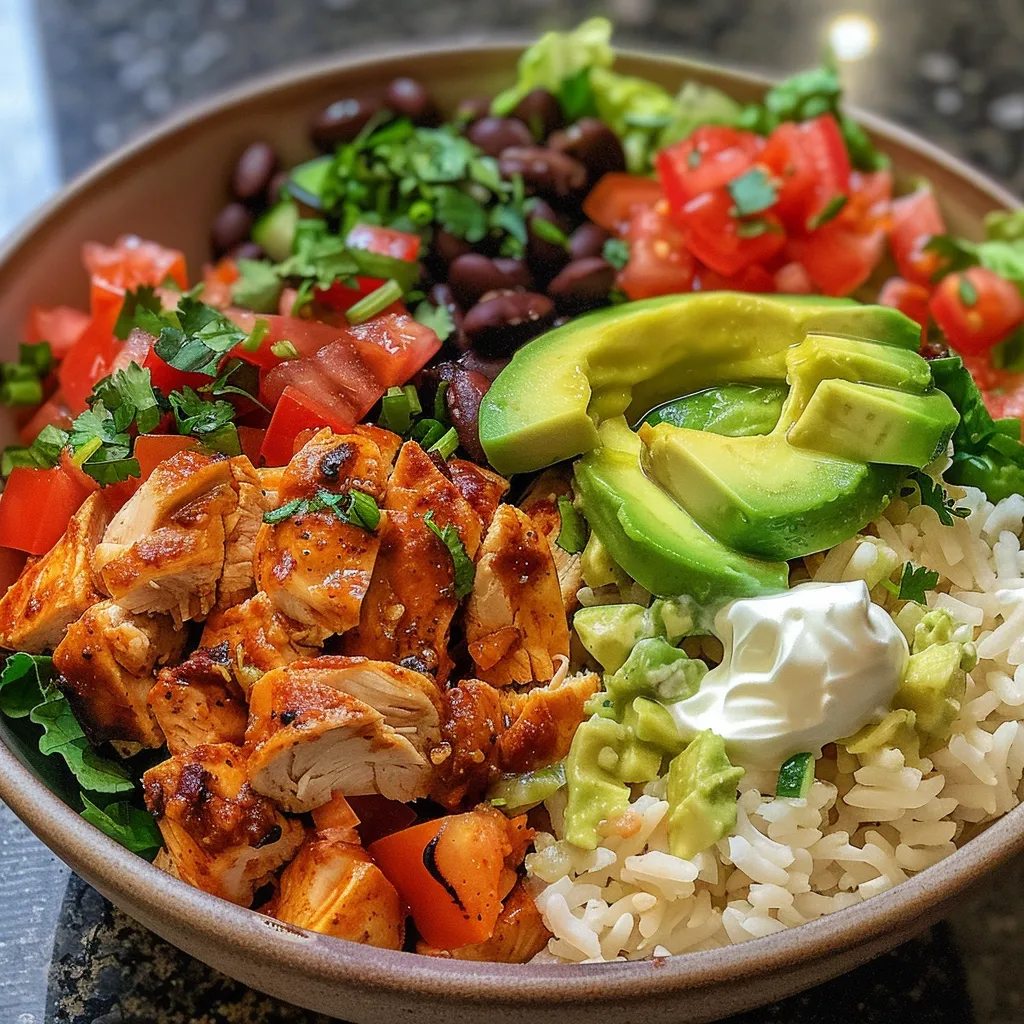 Side angle of Smoky Chicken Taco Bowl showcasing colorful toppings and chicken.