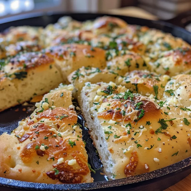 Baking Bliss Unleash Flavor with Soft Garlic Herb Skillet Bread Close-up view of soft garlic herb skillet bread with golden crust.