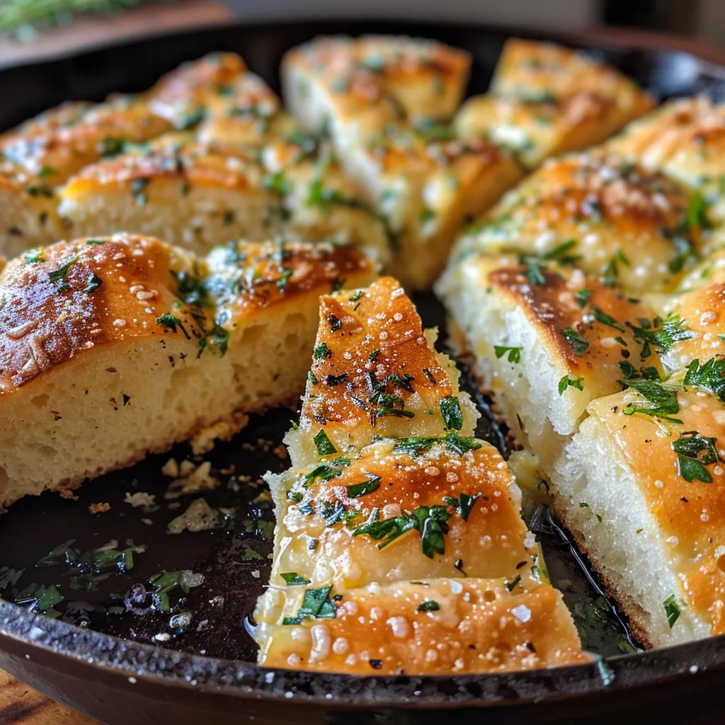 Side view of freshly baked skillet bread topped with herbs and garlic.
