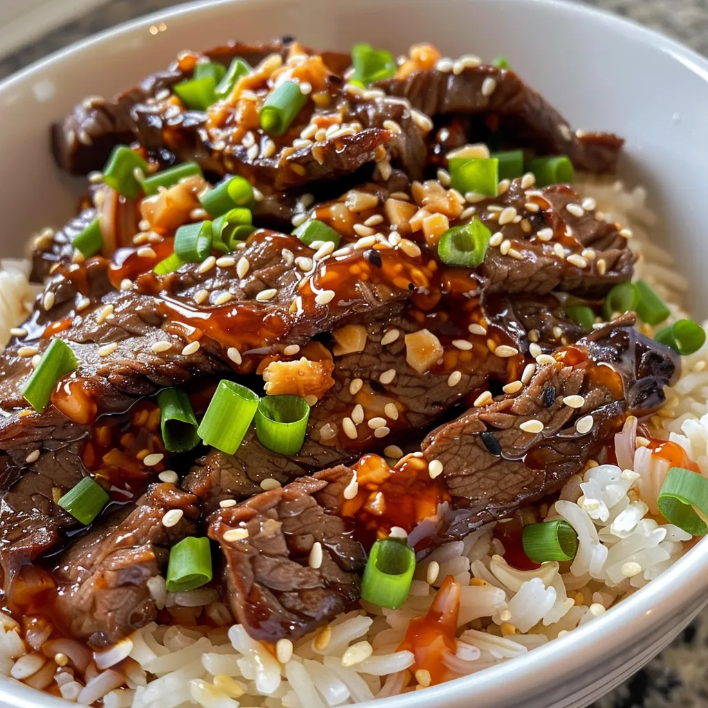 Side view of a delicious Spicy Beef Rice Bowl with garlic pepper cream and garnishes.