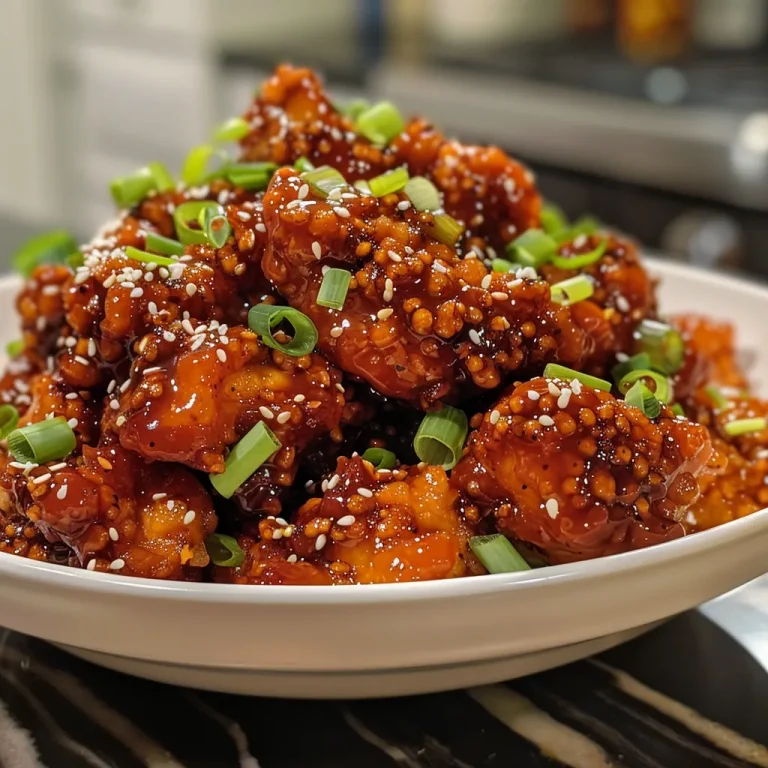 Close-up of a juicy piece of spicy Korean chicken garnished with green onions and sesame seeds.