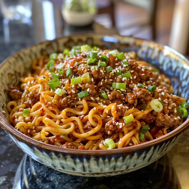 Close-up view of spicy Korean gochujang noodles, garnished and steaming.