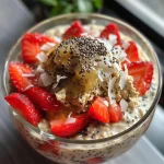 Close-up of creamy Strawberry Overnight Oats in a glass jar, topped with fresh strawberries and coconut flakes.