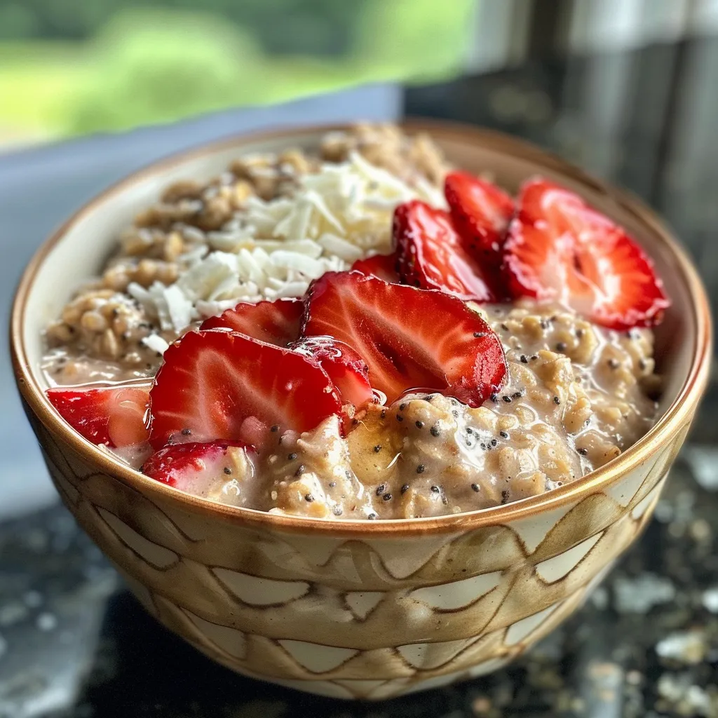 Side view of a jar filled with Strawberry Overnight Oats, showcasing vibrant red strawberries and layers of oats.