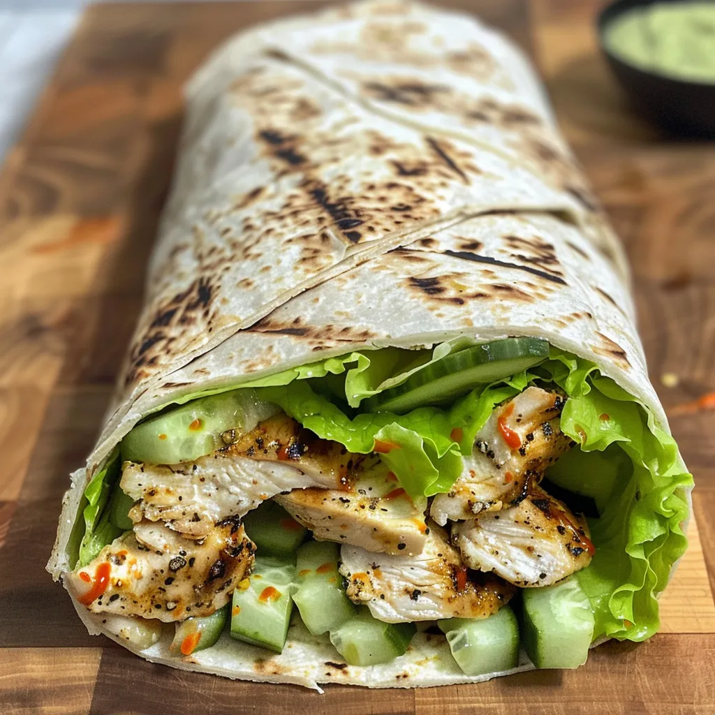 Side view of a juicy grilled chicken wrap filled with fresh veggies.