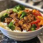 A close-up of a Teriyaki Chicken Bowl featuring juicy chicken and colorful vegetables.