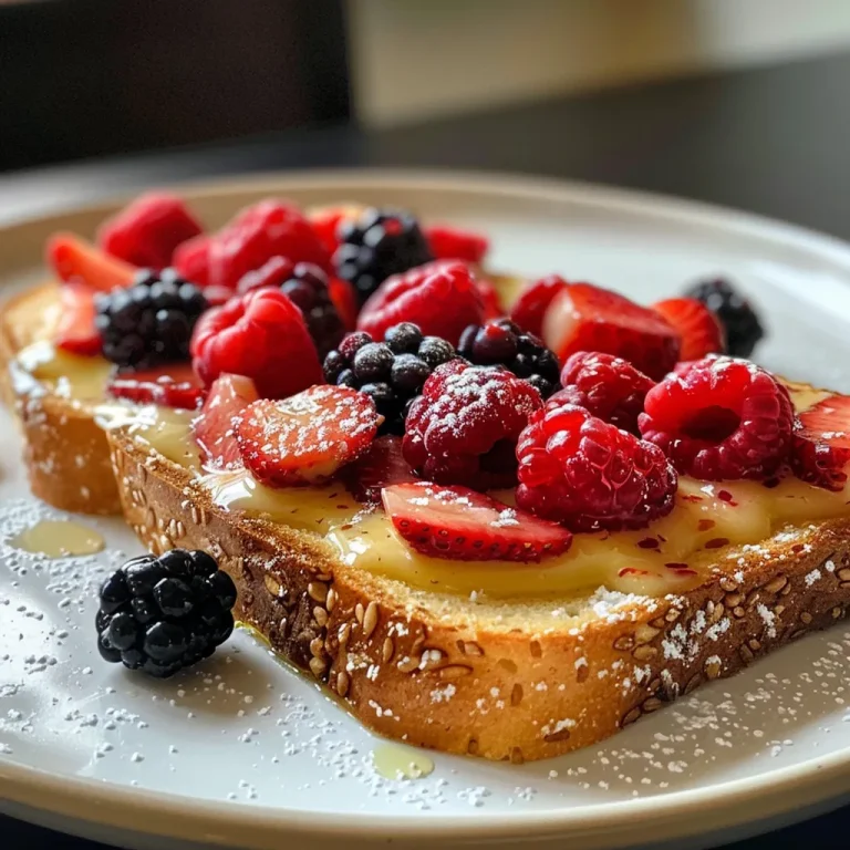 Toast Your Taste Buds A Delightful Journey with Coconut Custard Berries Close-up view of Coconut Custard & Berries Toast, showcasing the creamy custard and vibrant berries atop two slices of bread.