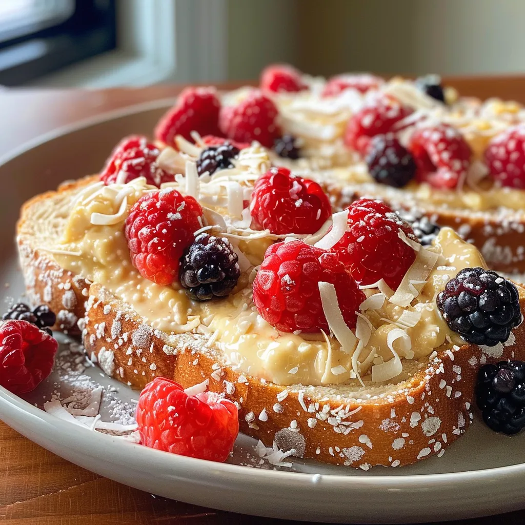 Side view of a delicious toast featuring coconut custard and a colorful assortment of fresh berries.