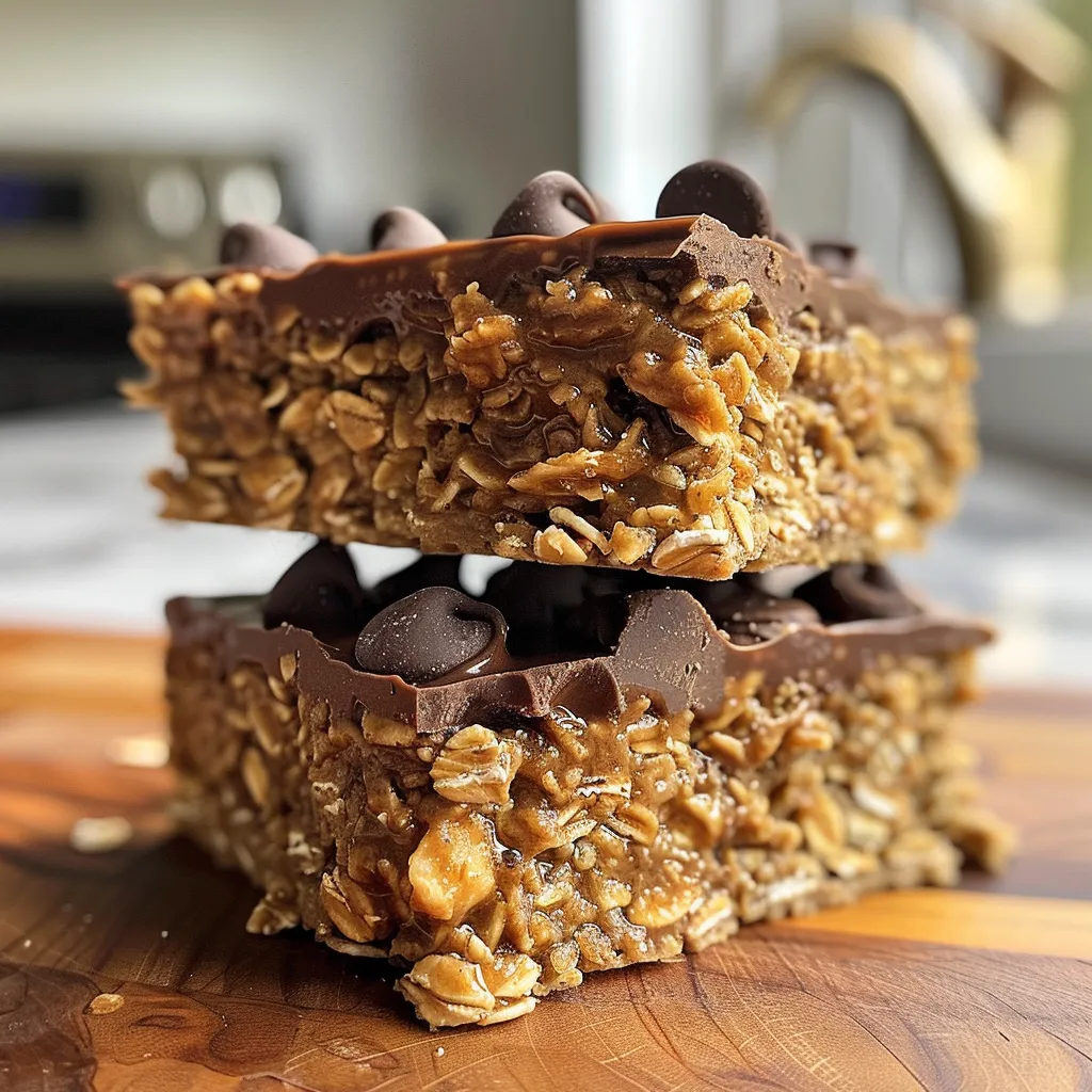 Close-up view of peanut butter oat squares with a golden-brown crust.