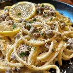 Close-up view of creamy lemon beef pasta garnished with herbs.