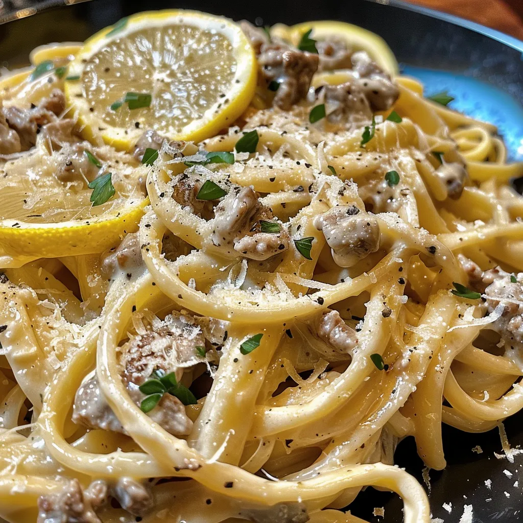 Close-up view of creamy lemon beef pasta garnished with herbs.