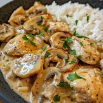 Creamy Chicken and Mushroom dish served over rice, garnished with fresh parsley.