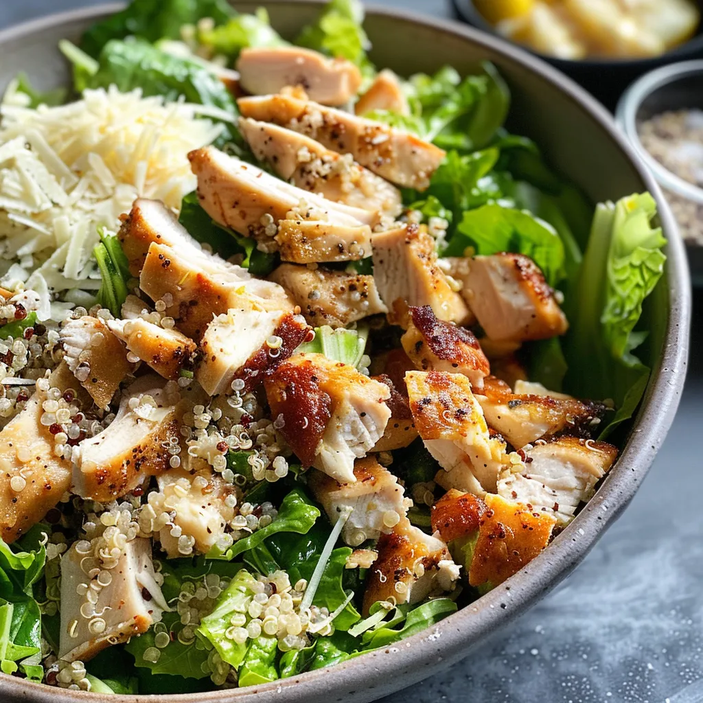 A close-up view of a Chicken Caesar Salad Bowl with quinoa, showcasing fresh romaine, chicken, and garnishes.