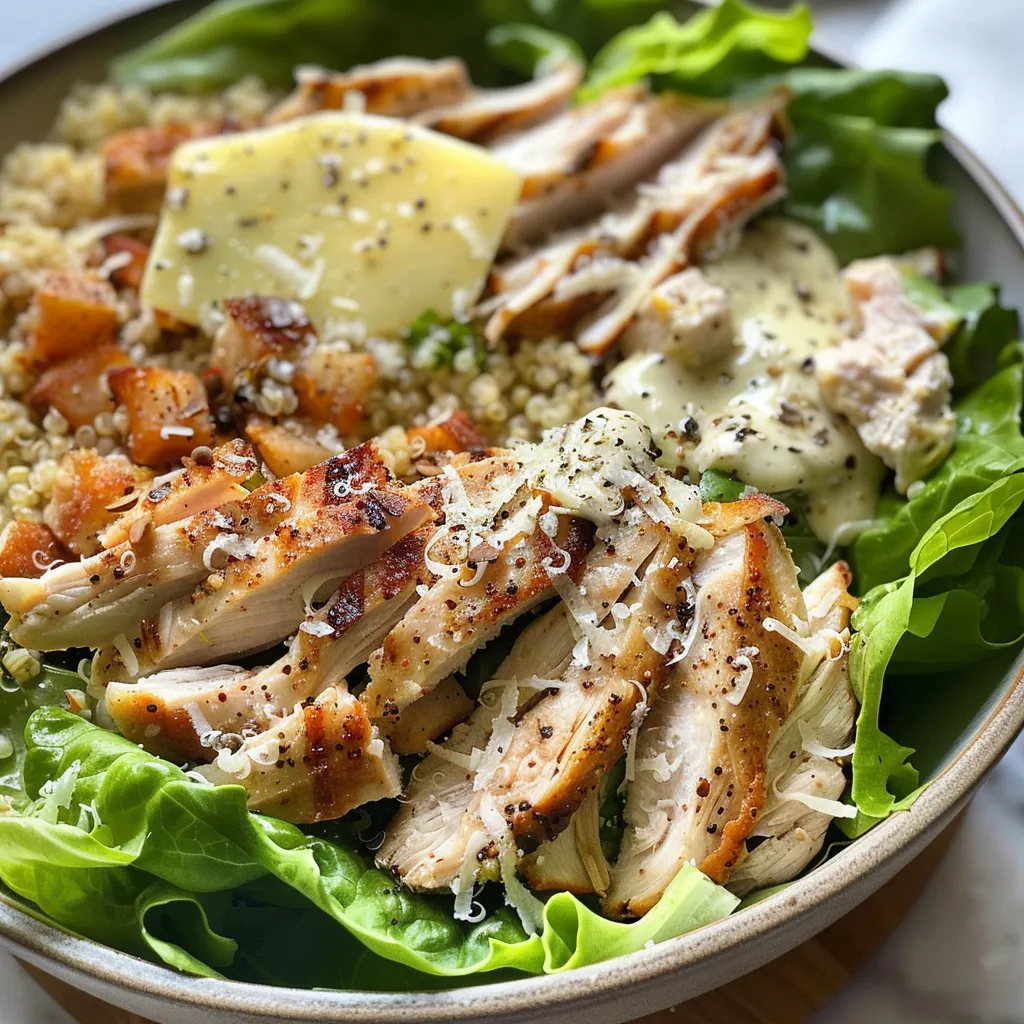 Side view of a vibrant Chicken Caesar Salad Bowl filled with romaine lettuce, quinoa, and grilled chicken, topped with parmesan.