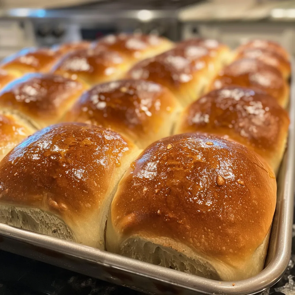 Close-up view of soft honey whole wheat dinner rolls showcasing a golden brown exterior.