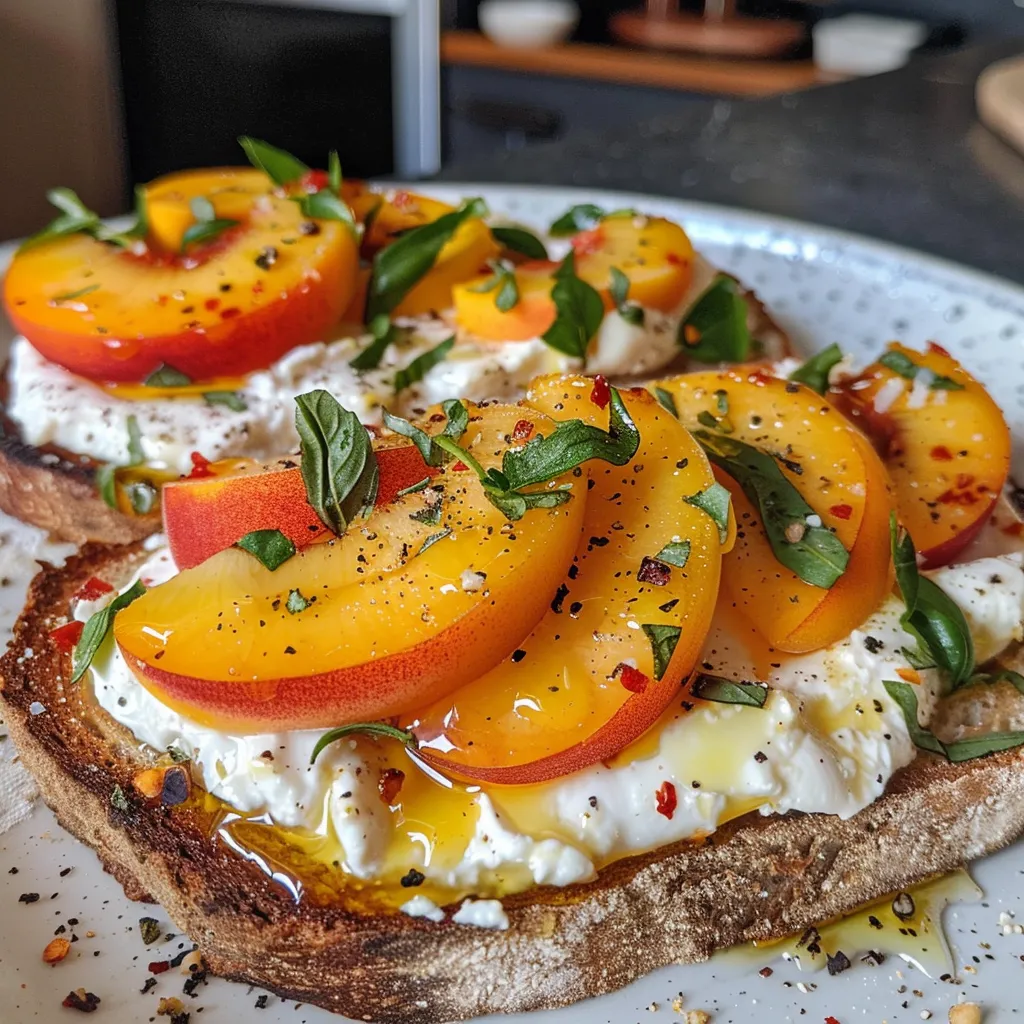 Close-up of Peach Caprese Toast topped with burrata and fresh basil.