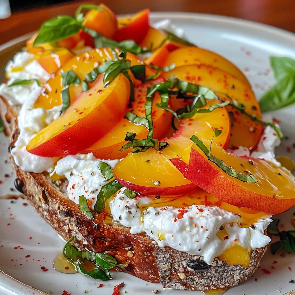 Side view of a slice of sourdough bread with peaches and cheese.